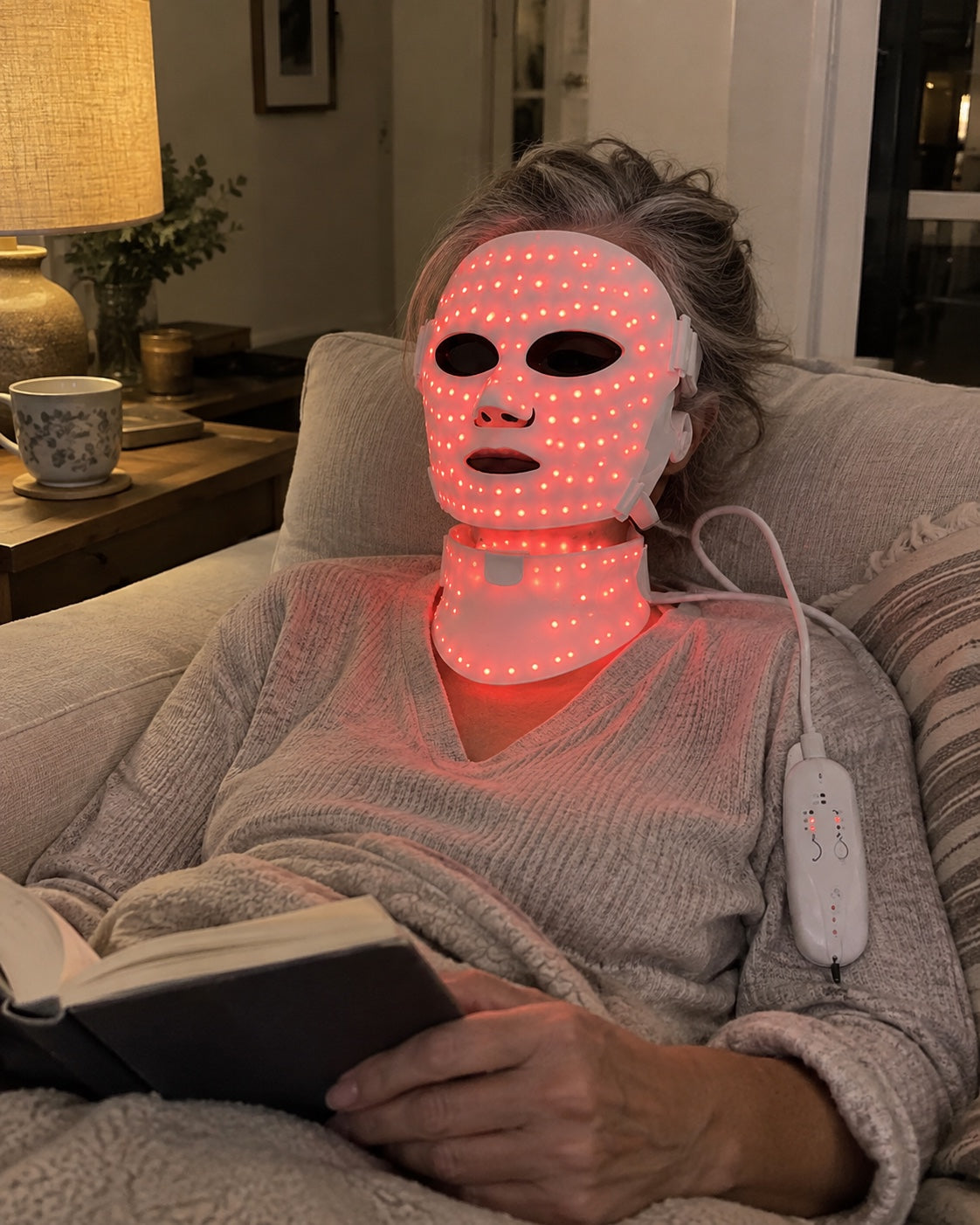 A woman relaxing on her sofa in the evening wearing the Light Mask